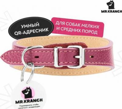 Ошейник-селедка для собак из натуральной кожи с QR-адресником, 29-35см, малиновый