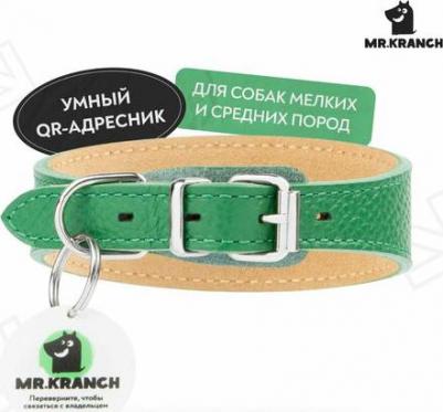 Ошейник-селедка для собак из натуральной кожи с QR-адресником, зеленый 29-35см – фото 2