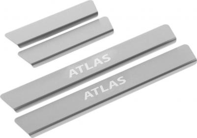 Накладки на пороги для Geely Atlas II поколение 2023-н. в, только рынок РФ, нерж. сталь, с надписью, 4 шт, NP.1903.3