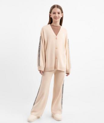 Брюки из вязаного трикотажа с лампасами бежевые для девочки, 140, 22408GJC3703