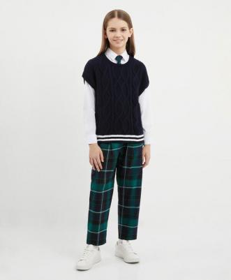 Брюки зауженные в клетку с поясом на резинке зелёные для девочки (146) – фото 3