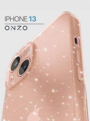 Чехол на iPhone 13 прозрачный персиковый с блестками – фото 1