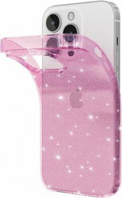 Силиконовый чехол iPhone 14 Pro / Айфон 14 Про, розовый прозрачный с блестками – фото 1