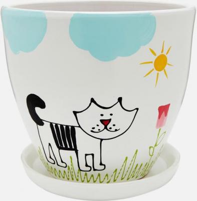 Горшок ENGARD с поддоном Кот BH-08-2, 2л, 17x16 см, 17x17x16 см, белый