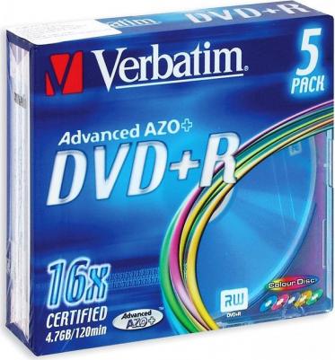 Оптический диск DVD+R диск 4,7Gb 16x Color SlimCase 5шт (43556) – фото 1