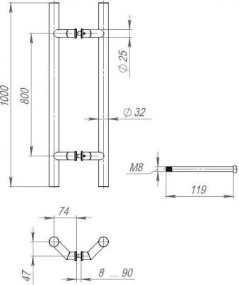 Ручка-скоба PH-45-32/1000-INOX с креплением под 45 град – фото 2
