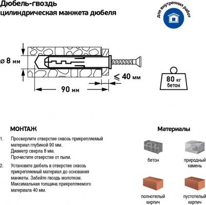 Дюбель-гвоздь 8x80 мм цилиндрическая манжета нейлон (50 шт.) – фото 2