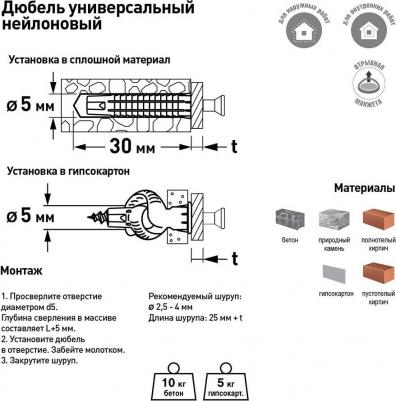Дюбель универсальный 5x25 мм нейлон (100 шт.) – фото 1