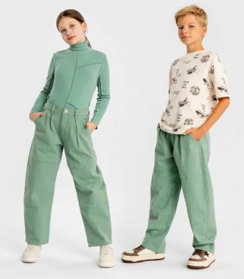 Джинсы свободные Baggy с защипами зеленые детские, 164, 224BBGJC6301