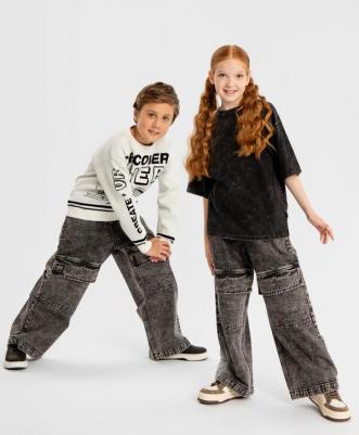 Джинсы трубы Baggy с огромными карманами на коленях серые, 134, 224BBBJC6303