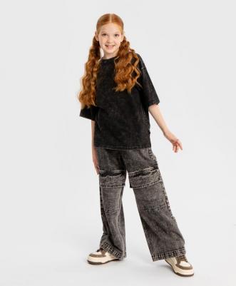 Джинсы трубы Baggy с огромными карманами на коленях серые, 134, 224BBBJC6303 – фото 1