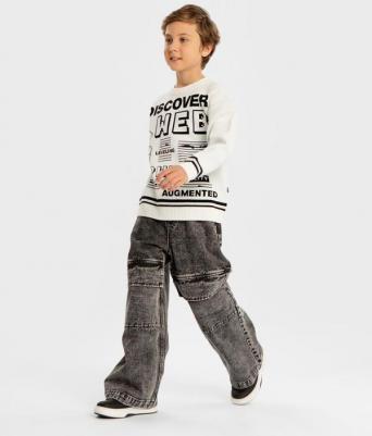 Джинсы трубы Baggy с огромными карманами на коленях серые, 134, 224BBBJC6303 – фото 3