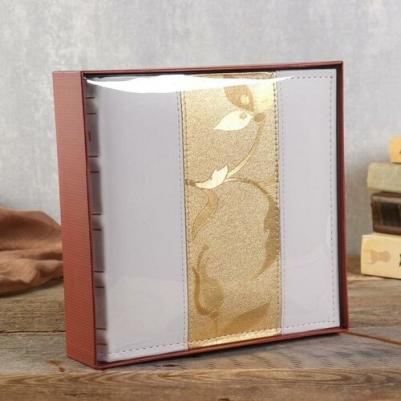 Фотоальбом на 200 фото 10х15 см, под кожу, бумажные страницы, бокс, бело-золотистый, 391112 – фото 4