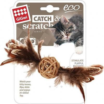75438 Игрушка для кошек "CATCH SKRATCH EKO" Плетеный мячик с колокольчиком и перьями – фото 1