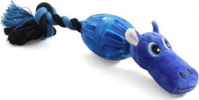Жевательная игрушка для собак Бегемот в броне из хлопка и резины, синий, 22 см