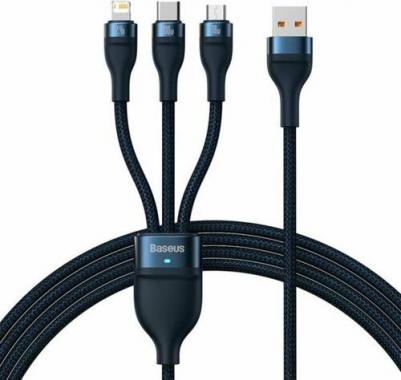 Кабель для быстрой зарядки и передачи данных One-for-three, USB to Lightning 2.4A/MicroUSB 18W/Type-C 100W, 1,2м, Синий, CASS030003