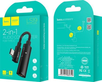Аудио адаптер USB Type-C на гнездо 3.5мм + дополнительное гнездо-Cf черный LS19 Black – фото 1