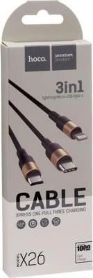 Кабель для зарядки 3 в 1 Lightning/Micro/Type-C X26 2A в тканевой оплетке черно-золотой – фото 1