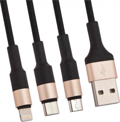 Кабель для зарядки 3 в 1 Lightning/Micro/Type-C X26 2A в тканевой оплетке черно-золотой – фото 2