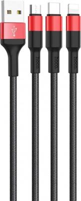 Кабель USB 2.0(Am)-Lightning 8-pin(m)+Micro USB 2.0(Am)+USB 2.0 Type-C(m), 2A, 1м, черный/красный X26 – фото 2