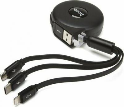 Кабель USB - Apple 8 pin, Type-C, микро USB U50 Retractable, 2.2м, плоский, 2.1A, силикон, автосмотка, цвет чёрный – фото 5