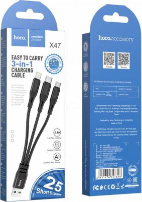 Usb Кабель-зарядка X47 3в1 Micro/Lightning/Type-C 25см чёрный – фото 2