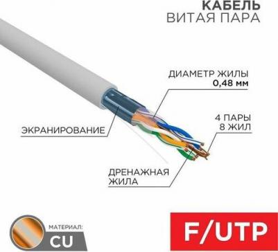 Кабель витая пара, F/UTP, CAT 5е, PVC, 4PR, 24AWG, INDOOR, SOLID, серый, 305м, цена за 1 бухта