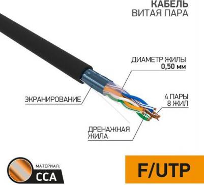 Кабель витая пара омедненный, F/UTP, CAT 5e, PE, 4PR, 24AWG, OUTDOOR, SOLID, черный, 305м, цена за 1 бухта – фото 3