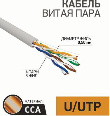 Кабель витая пара омедненный, U/UTP, CAT 5e, PVC, 4PR, 24AWG, INDOOR, SOLID, серый, 100м, цена за 1 бухта – фото 1