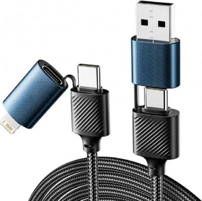 Кабель 4в1 USB-A, Type-C, Type-C, Lightning 65Вт, 1м, в черной нейлоновой оплетке, цена за 1 шт