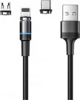 Кабель USB 3в1 со съемными магнитными портами, Type-С (2A), Lightning, Micro USB (2A), 1,2м, в черной оплетке, с LED подсветкой, цена за 1 шт – фото 1