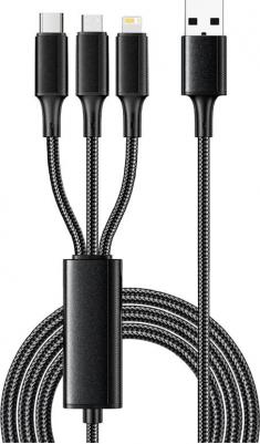 Кабель USB 3в1 Type-С (6A), Lightning, micro USB (3A) 1,2м, в черной оплетке, цена за 1 шт – фото 1