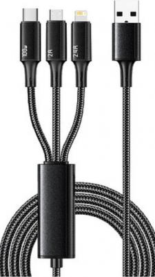 Кабель USB 3в1 Type-С (6A), Lightning, micro USB (3A) 1,2м, в черной оплетке, цена за 1 шт – фото 1