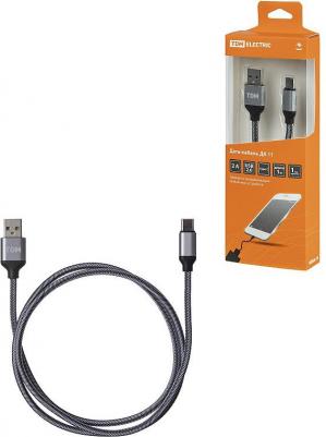 Дата-кабель, ДК 11, USB - USB Type-C, 1 м, тканевая оплетка, серый, цена за 1 шт – фото 1