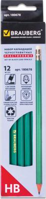 Карандаши чернографитные НАБОР 12 шт., НВ, с резинкой, пластиковый зеленый корпус, 180678 – фото 4