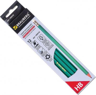 Карандаши чернографитные НАБОР 12 шт., НВ, с резинкой, пластиковый зеленый корпус, 180678 – фото 6