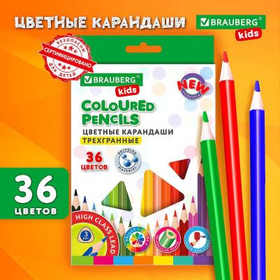 Карандаши цветные для рисования детям в школу, набор 36 цветов, пластиковые, трехгранные, New, грифель 3 мм, 182003 – фото 1