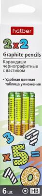 Карандаш чернографитный, круглый корпус, 6 штук, HB, с таблицей умножения с ластиком, заточенный