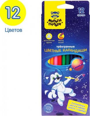 Карандаши цветные "Енот в космосе", 12 цветов, трехгранные, заточенные