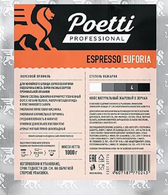 Кофе в зернах Espresso Euforia арабика 100% 1 кг (пакет)