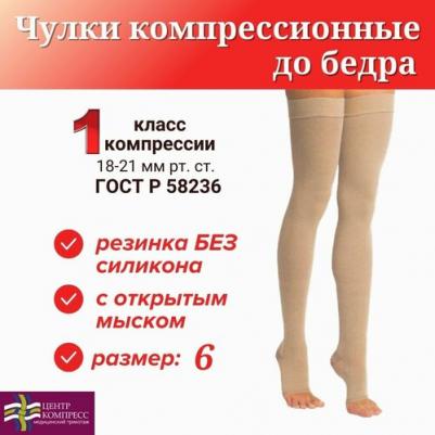 Чулки компрессионные до бедра с открыт. мыском класс 1 р.6 кремовый