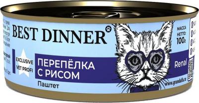 Exclusive Vet Profi Renal влажный корм для кошек при заболеваниях почек, паштет с перепелкой и рисом, в консервах - 100 г х 24 шт повседневный супер – фото 1