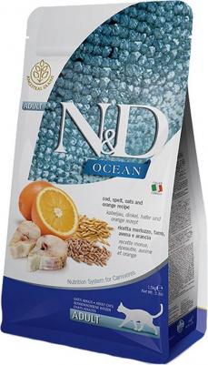 Сухой корм N&D Adult Cat Ocean Codfish, Spelt, Oats & Orange c треской, спельтой, овсом и апельсином для взрослых кошек 1,5кг – фото 1