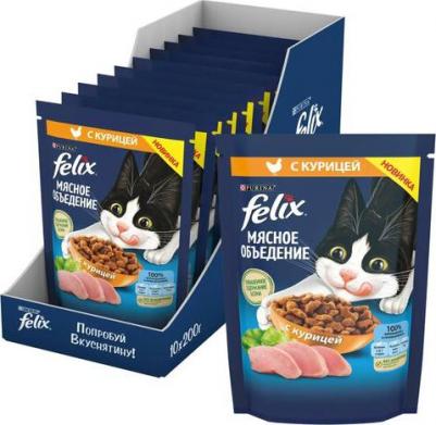 Сухой корм для взрослых кошек Мясное объедение, с курицей 10 шт. х 200 г