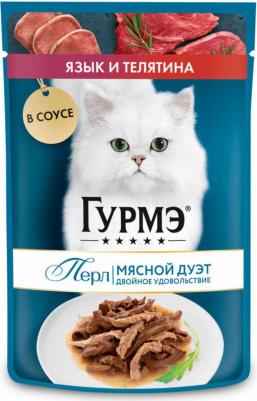 Влажный корм Гурмэ Перл Мясной Дуэт для взрослых кошек, со вкусом языка и телятины, нежное филе в соусе, 75 г – фото 1