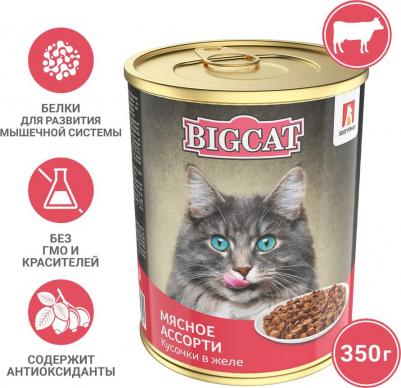 Корм влажный для кошек "Big Cat | Мясное ассорти", кусочки в желе, 350 г – фото 4