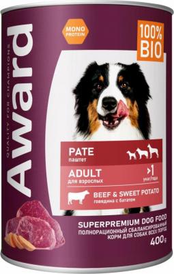 Влажный корм для взрослых собак паштет из говядины с бататом 400г