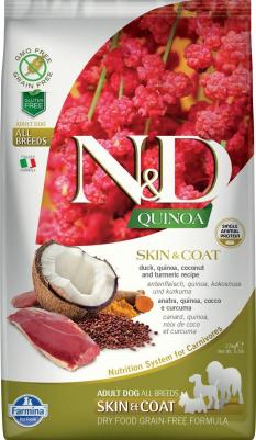 Сухой корм N&D Dog GF Quinoa Skin & Coat Duck Coconut & Turmeric беззерновой с уткой киноа кокосом и куркумой для собак 2,5кг
