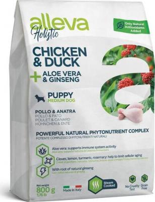 Корм сухой ALLEVA HOLISTIC DOG Puppy/Junior Chicken & Duck Medium для щенков с курицей и уткой, алое вера и женьшенем 0.8кг 2202