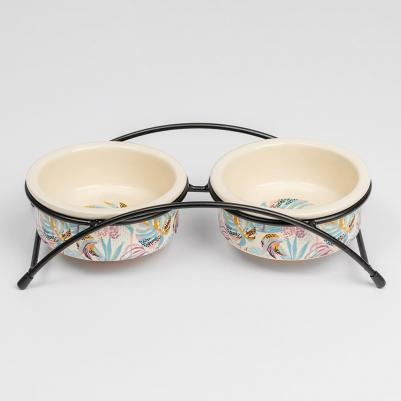 Миска керамическая двойная на подставке для кошек, 2 шт. по 12,5x5 см, c рисунком монстеры